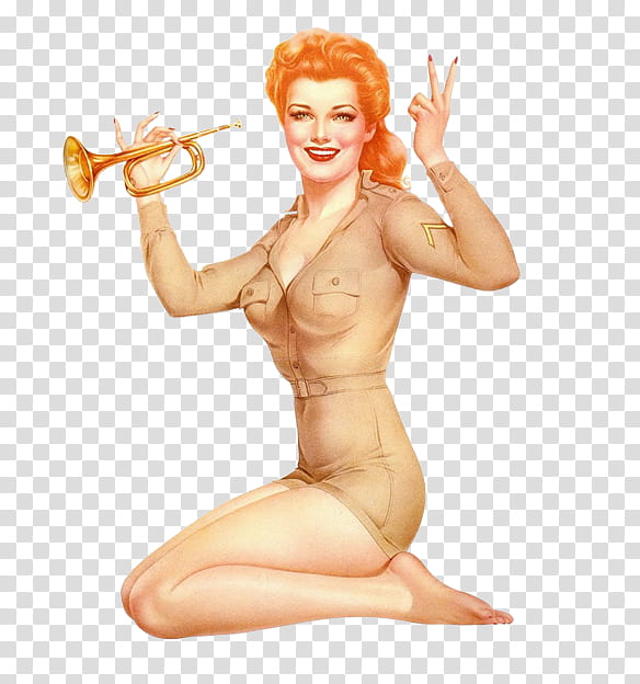 Ning Vintage pin up girls Pics, woman holding trumpet wearing brown mini dress transparent background PNG clipart