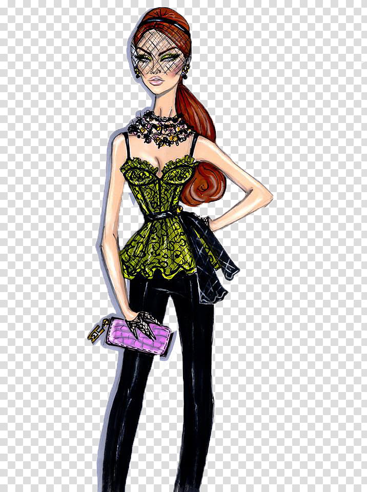 Dolls x Hayden Williams, woman in green dress, black pants, and fascinator hat holding purple long wallet transparent background PNG clipart
