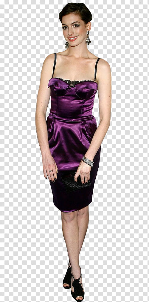 Anne Hathaway, Anna Hathaway wearing purple spaghetti-strap stain mini dress transparent background PNG clipart