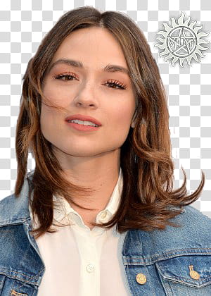 Crystal Reed, women's blue denim top transparent background PNG clipart