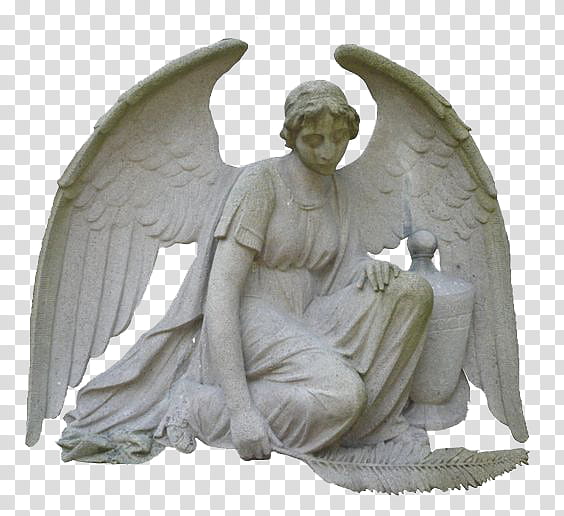 , white concrete angel sitting and holding leaf statue transparent background PNG clipart