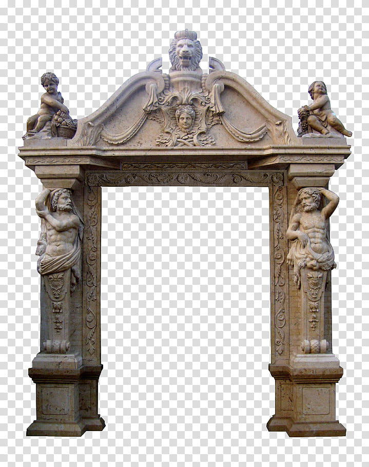 gates, cherubs embossed gray concrete arch structure transparent background PNG clipart