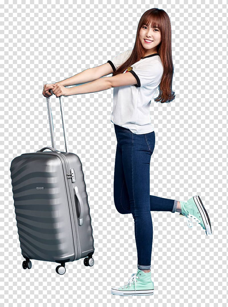 woman stand near the luggage bag transparent background PNG clipart