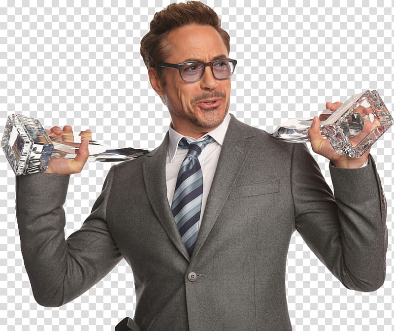 Robert Downey Jr, Robert Downey Jr. holding two clear crystal trophies transparent background PNG clipart