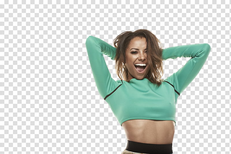 Kat Graham, woman wearing blue long-sleeved crop top transparent background PNG clipart