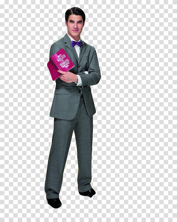 Darren Criss, man wearing gray suit and tie holding pink book transparent background PNG clipart