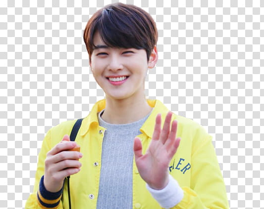 CHAEUNWOO ASTRO RENDER , man wearing yellow button-up jacket and waving hands transparent background PNG clipart
