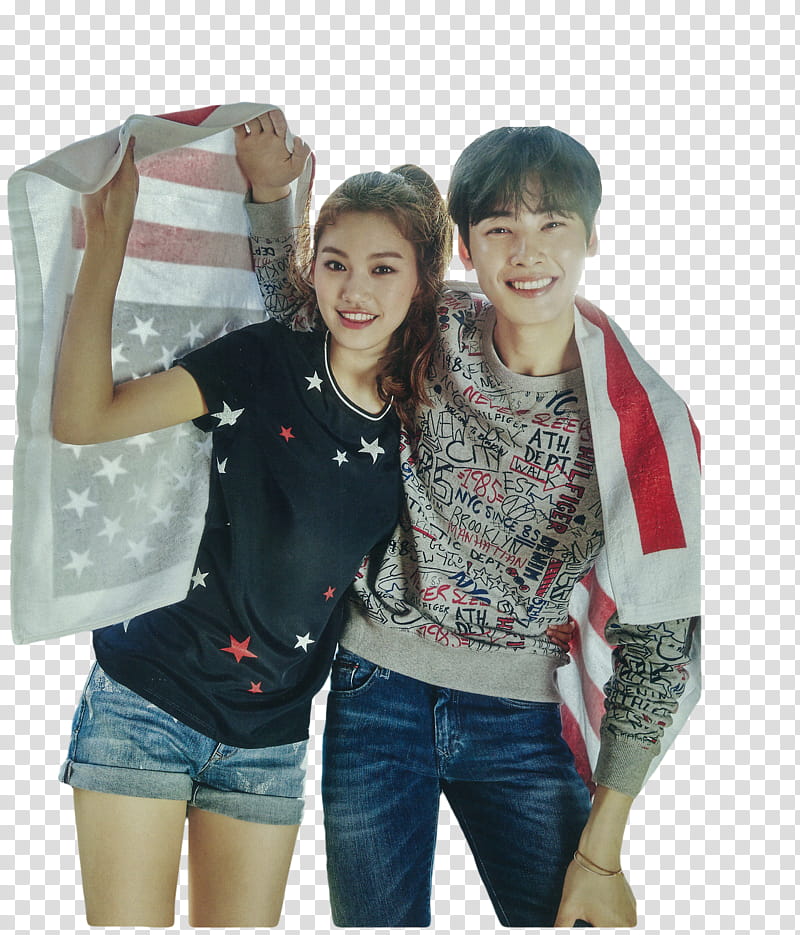 Eunwoo Y Doyeon, smiling couple holding flag transparent background PNG clipart