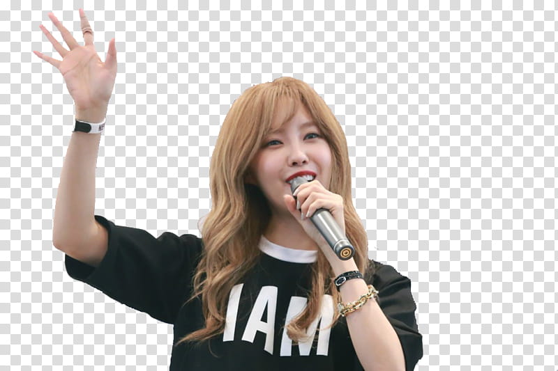Hyomin, woman holding microphone while raising right hand transparent background PNG clipart