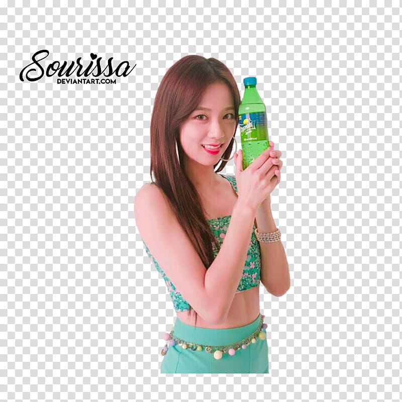 Sourissa advertisement with woman in blue sleeveless top holding Sprite bottle transparent background PNG clipart