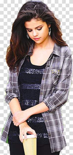 , Selena Gomez standing and holding cup while looking downwards transparent background PNG clipart