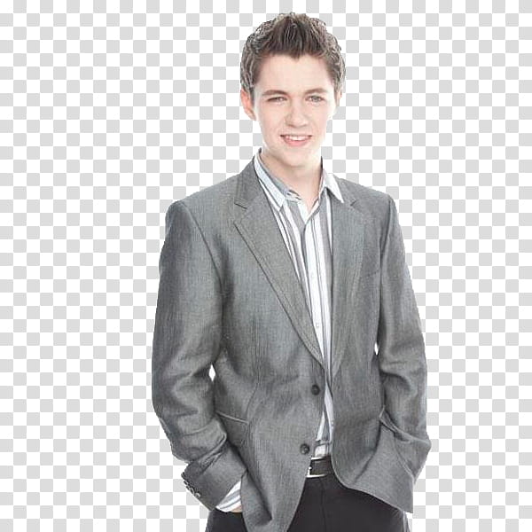 Damian McGinty s, smiling man wearing grey tuxedo putting both hands on in pocket transparent background PNG clipart