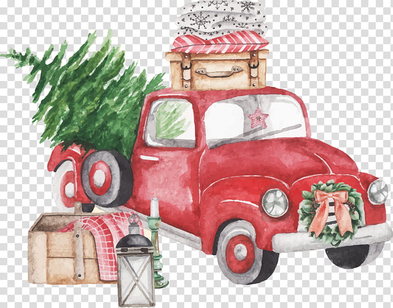 Classic Car, Watercolor Painting, Santa Claus, Christmas Day, Christmas Tree, Truck, Tshirt, Holiday transparent background PNG clipart