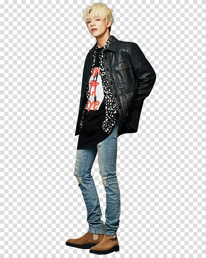 NCT DREAM CECI, man wearing black leather jacket standing transparent background PNG clipart