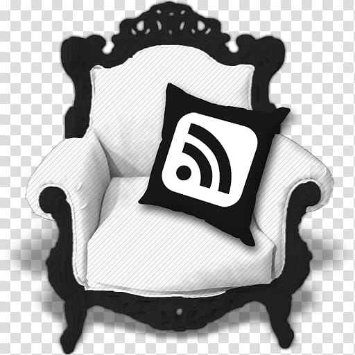 RSS icons, rss_B&W, black and white throw pillow on white padded chair transparent background PNG clipart