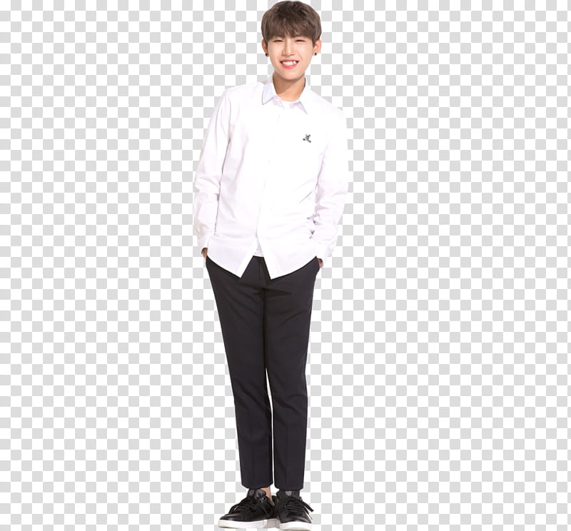 WANNA ONE X Ivy Club P, smiling man wearing white dress shirt and black pants transparent background PNG clipart