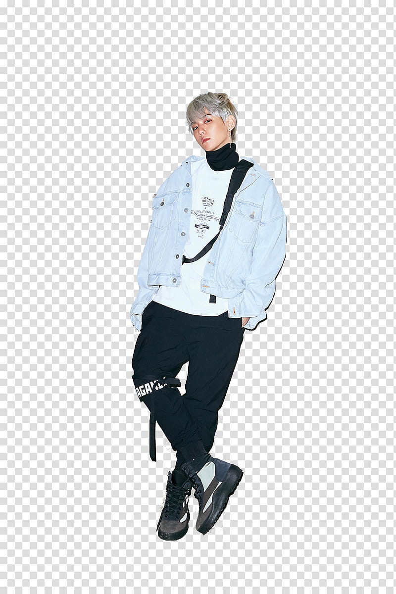 BaekHyun Blooming Day, man in blue denim jacket and black pants standing transparent background PNG clipart