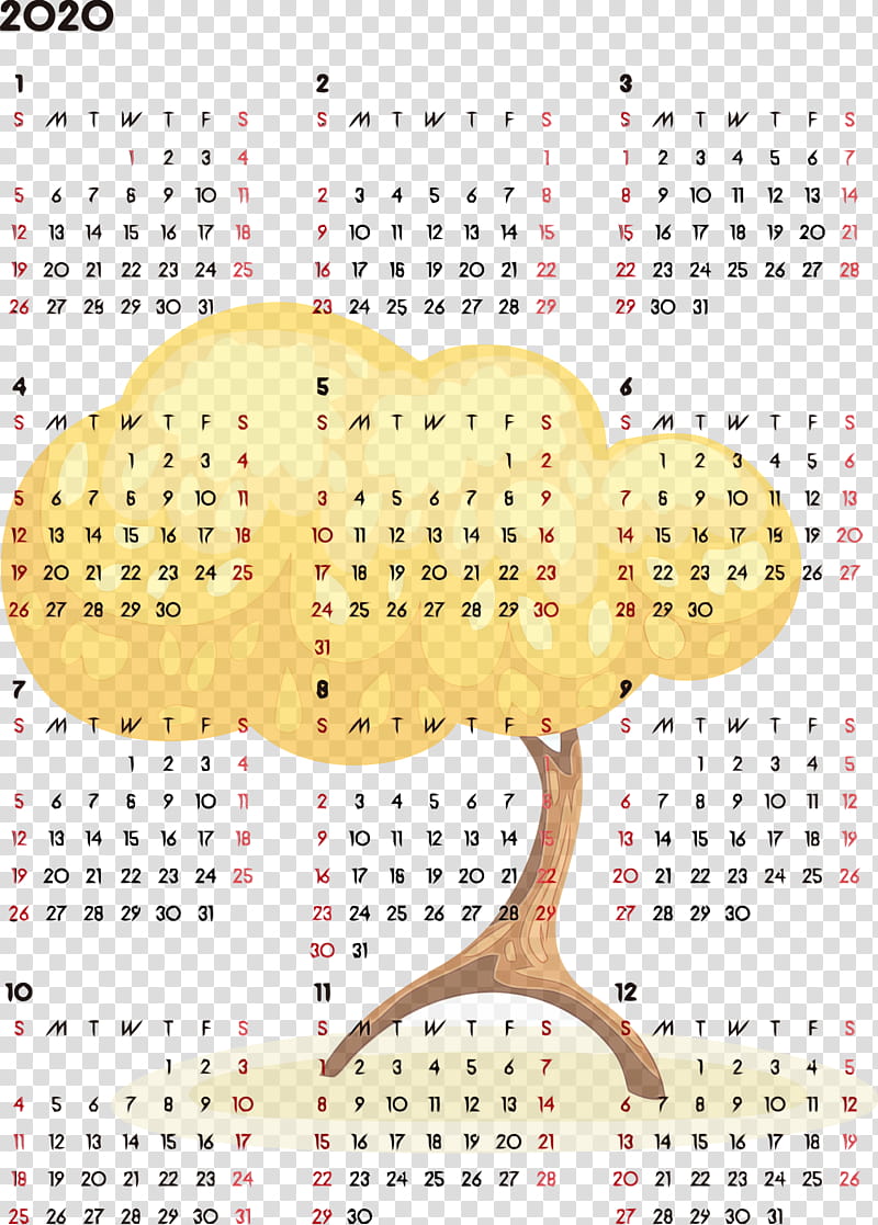 text calendar, 2020 Yearly Calendar, Printable 2020 Yearly Calendar, Year 2020 Calendar, Watercolor, Paint, Wet Ink transparent background PNG clipart