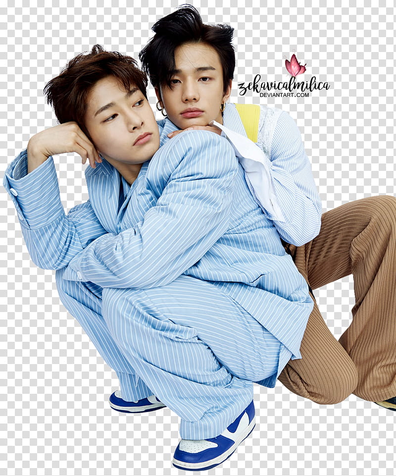 Stray Kids Hyunjin and I N DAZED, man leaning on man's back transparent background PNG clipart