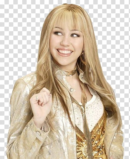 Hannah Montana , smiling woman in white and gold shirt with brown jacket transparent background PNG clipart