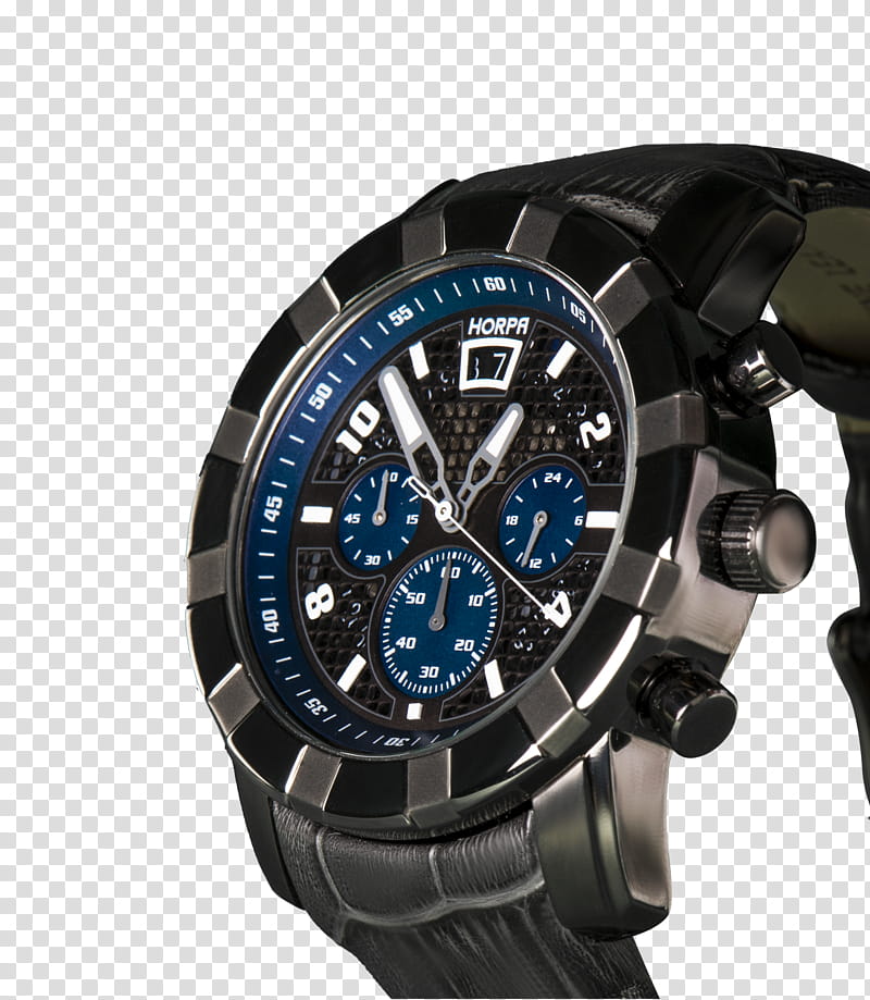 Black watch , round blue and silver-colored chronograph watch with black leather strap transparent background PNG clipart