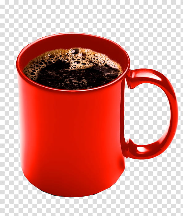 Mugs, red ceramic mug filled with coffee transparent background PNG clipart
