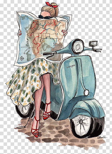 s, woman sitting on motor scooter looking at map illustration transparent background PNG clipart