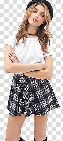 Female Model , woman wearing white short-sleeved shirt and black and white plaid mini skirt transparent background PNG clipart