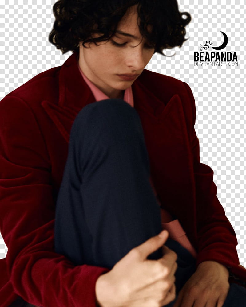 Finn Wolfhard, persn holding right leg with right hand while looking down transparent background PNG clipart
