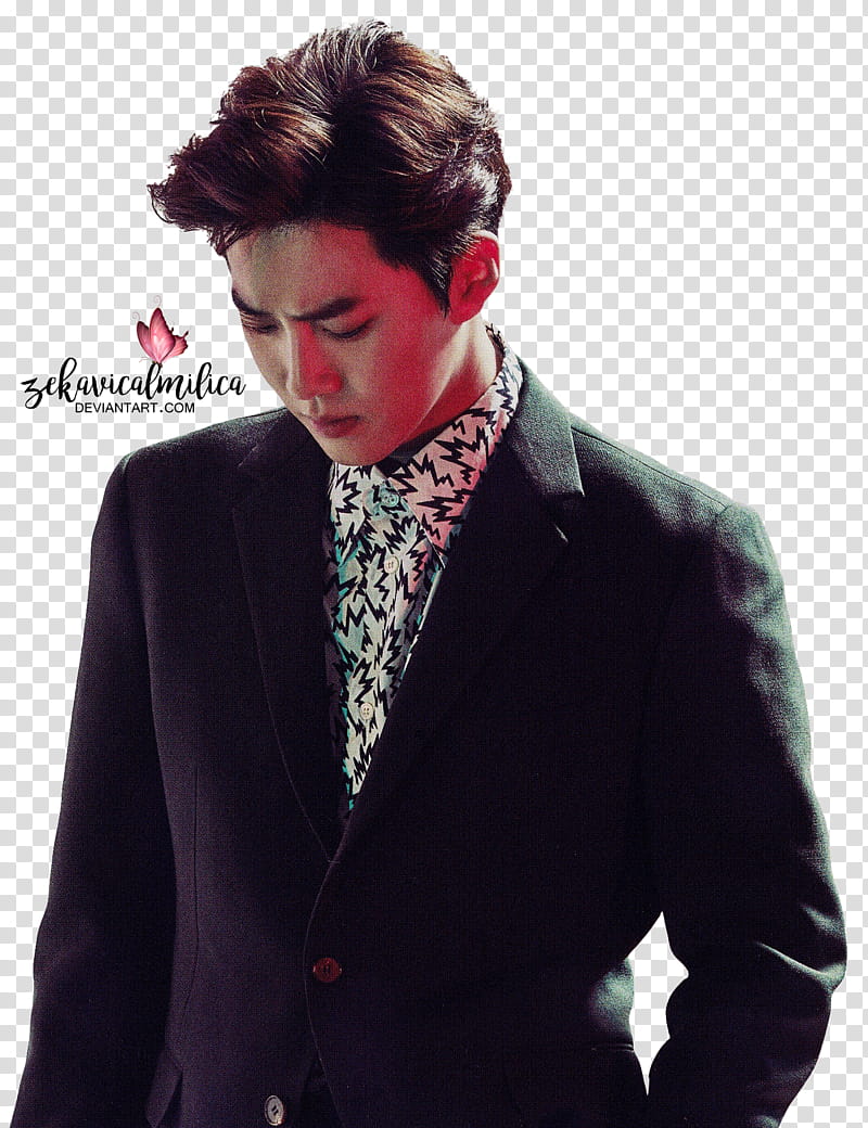 EXO Suho Countdown, man wearing black notched lapel suit jacket transparent background PNG clipart
