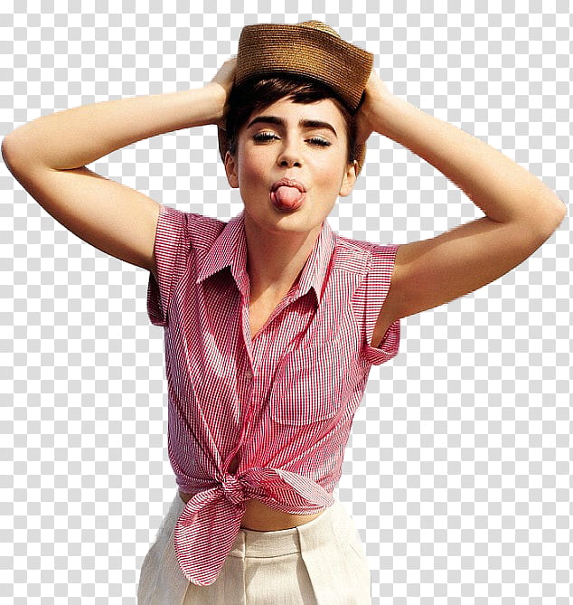 Lily Collins, person holding her brown hat with tongue out transparent background PNG clipart