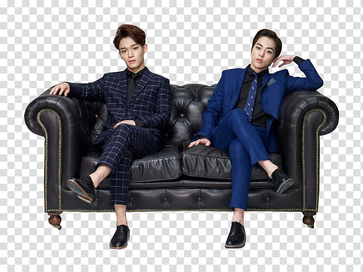 EXO, two men sitting on leather sofa transparent background PNG clipart