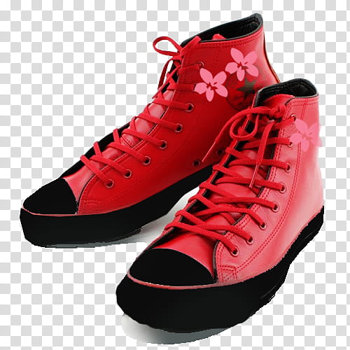 Sakura OS Icons, run, pair of red-and-black floral Converse All Star high-top sneakers transparent background PNG clipart