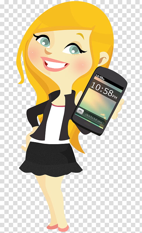 Iphone Doll PSD, smiling woman holding smartphone art transparent background PNG clipart