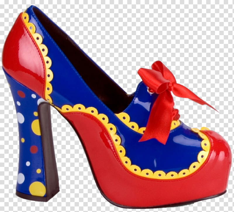 Circus, blue, red, and yellow patent leather platform pump shoe transparent background PNG clipart