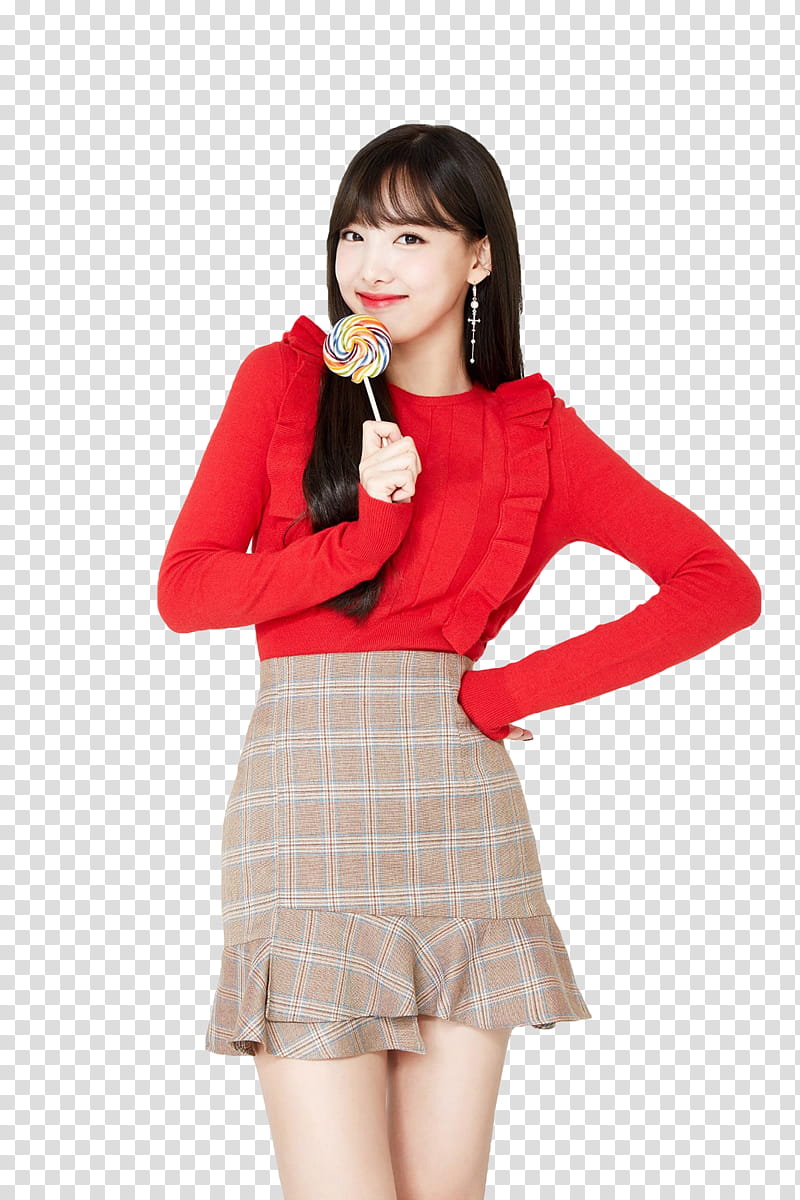 TWICE, woman in red long-sleeved top and brown plaid skirt transparent background PNG clipart