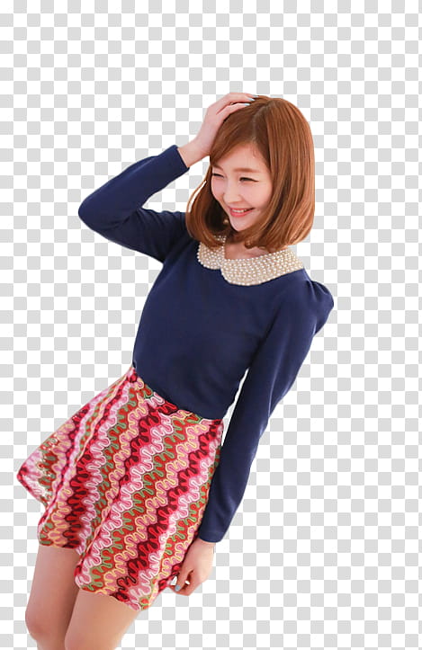 RENDER Ulzzang Girl, smiling woman wearing blue long-sleeved shirt and multicolored skirt transparent background PNG clipart