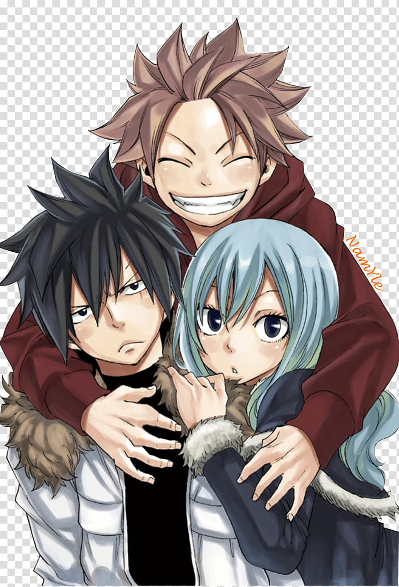 Natsu Gray Juvia Render, Natsu Dragneel, Gray Fullbuster, and Juvia Lockser from Fairy Tail transparent background PNG clipart