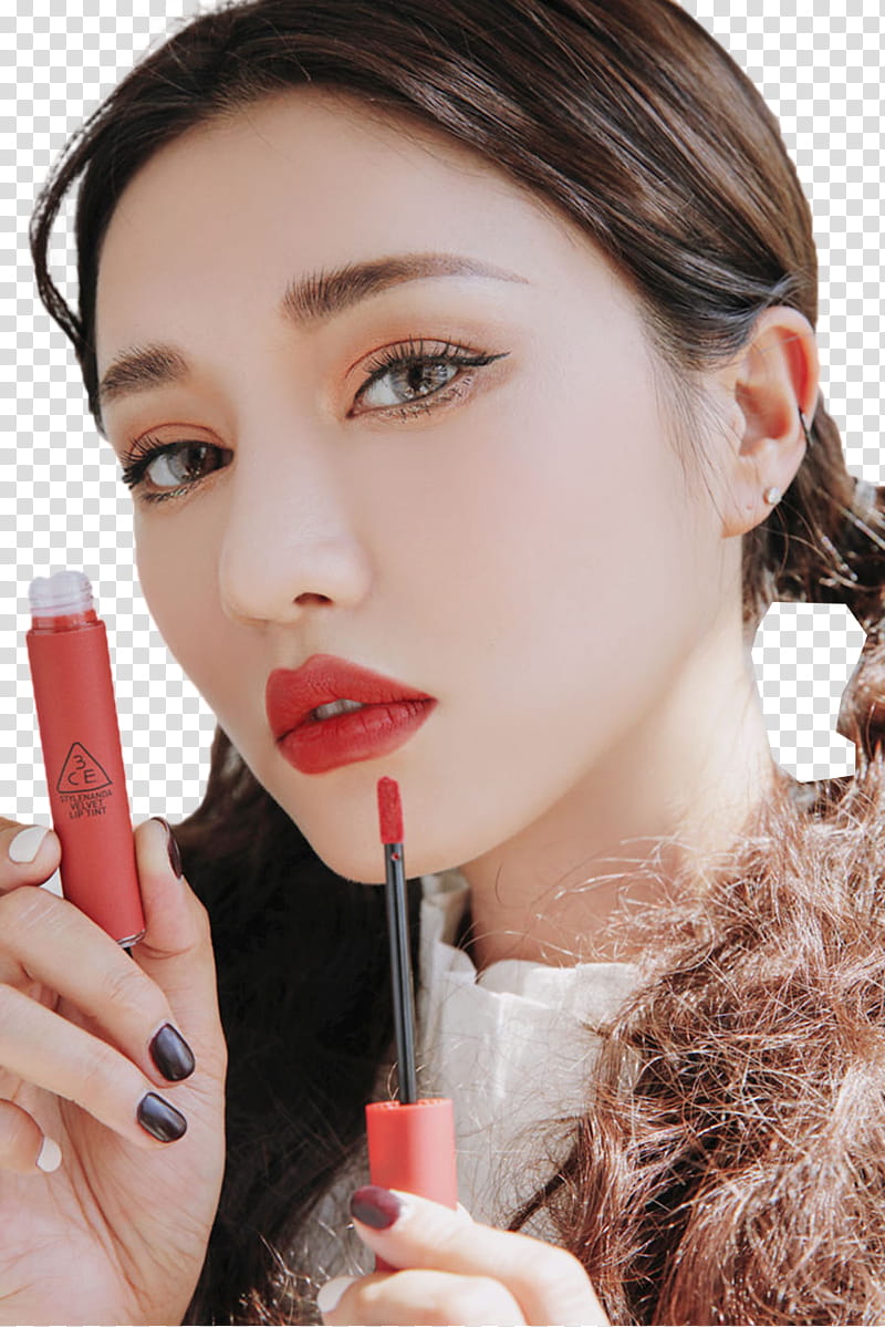 Park Sora STYLENANDA, woman holding red matte liquid lipstick transparent background PNG clipart