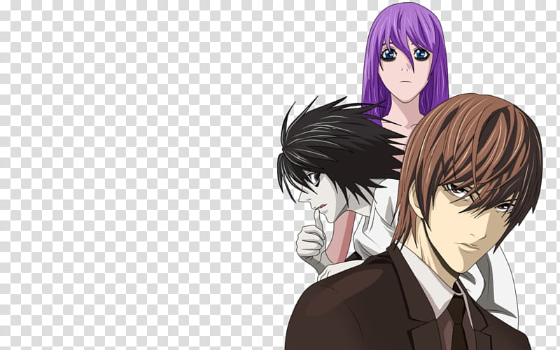 Death Note, purple-haired girl standing in the back of two men illustration transparent background PNG clipart