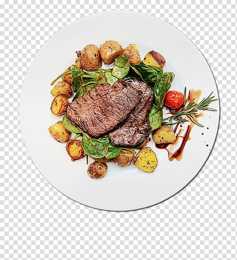 food dish steak cuisine roast beef, Watercolor, Paint, Wet Ink, Garnish, Rinderbraten, Ingredient, Veal transparent background PNG clipart