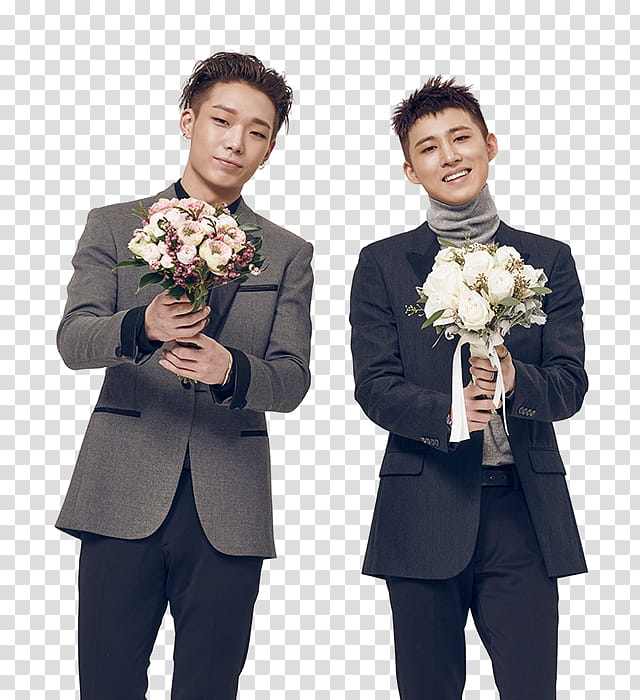 iKON SHINSEGAE P, two smiling men holding flowers transparent background PNG clipart