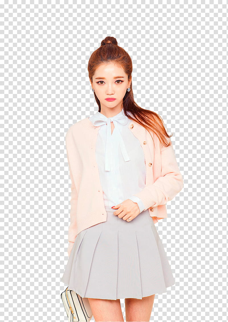 SEO SUNG KYUNG, woman wearing brown cardigan and gray miniskirt transparent background PNG clipart
