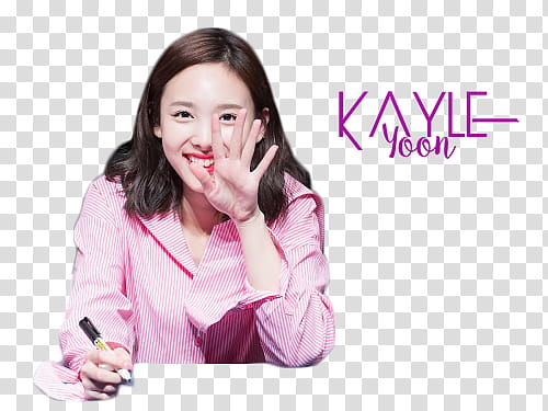 smiling Kayle Yoon holding pen and showing her left palm transparent background PNG clipart