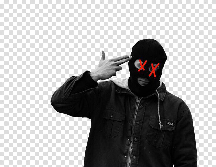 Twenty One Pilots, man wearing balaclava with his hands pointing to his head transparent background PNG clipart