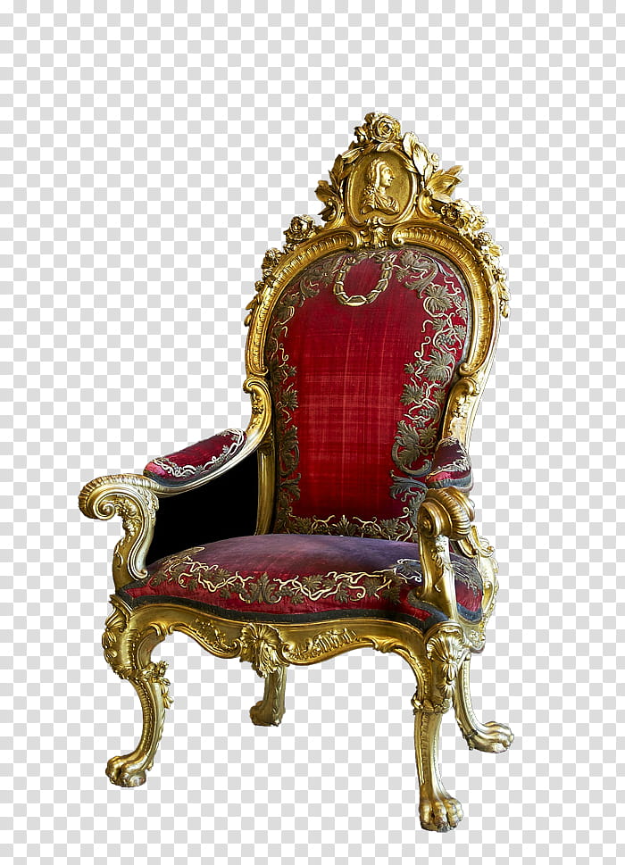 kings and queens, red fabric padded armchair with brass-colored base transparent background PNG clipart