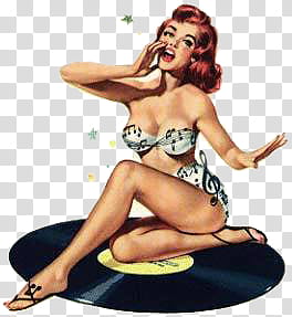 Ning Vintage Pin up girls Pics, woman wearing bikini sitting on vinyl record illustration transparent background PNG clipart