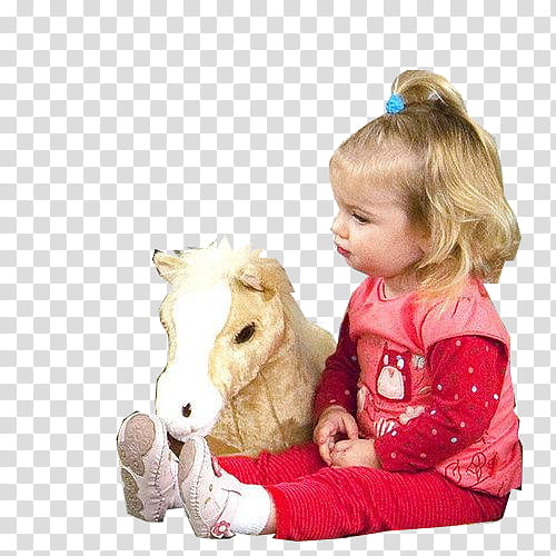 girl sits beside horse plush toy transparent background PNG clipart