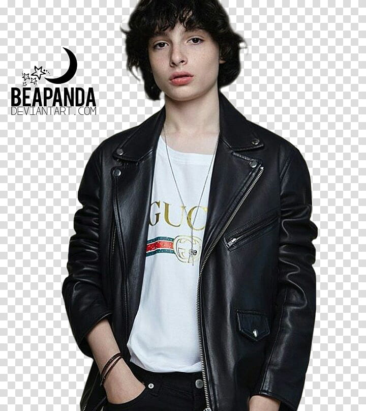 Finn Wolfhard, man wearing black leather zip-up jacket transparent background PNG clipart