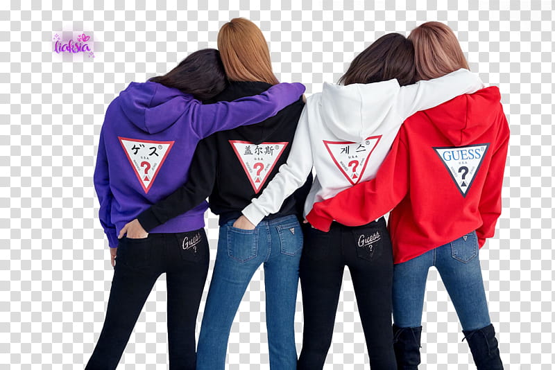 four BlackPink members wearing Guess hoodies transparent background PNG clipart